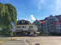 Historic building and house on street of Richterswil, canton of Zurich in Switzerland, Swiss architecture and real Royalty Free Stock Photo