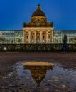 Historic Building - the new Staatskanzlei in Munich - reflection in Puddle at Dusk