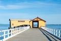 The historic building of Queenscliff South Pier against the blue ocean on a sunny day. Victoria, Australia. The pier is a Royalty Free Stock Photo