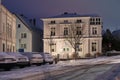 Historic building at the square Kaje in Brake Unterweser, Germany during a snowy winter night
