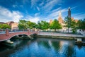 Historic buildings and bridge along the Providence River in down