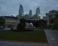 Historic Buildings in the Old Town of Baku with Flame Towers Skyscrapers Backdrop, Azerbaijan