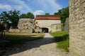 The historic buildings Rumford Furnace II and Bohlenbinderhaus with two miners\' apartments built into the bridge from 1817.