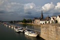 Historic buildings and Sint Martinuskerk church located in Wyck neighborhood along the Meuse river Royalty Free Stock Photo