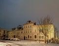 Historic buildings at the squar Kaje in Brake Unterweser, Germany during a snowy winter night