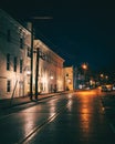 Historic buildings and a street at night, Northport, New York