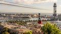 historic cable car cabin, steel towers, harbor and Barcelona city, spain