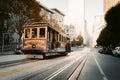 Historic San Francisco Cable Car on famous California Street at sunset, California, USA