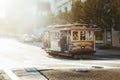 Historic San Francisco Cable Car on famous California Street at sunset, California, USA