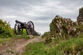 Historic cannon in front of Prison Tower and Eastern Gate of Royal Castle