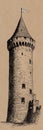 Historic castle tower sketched in a rustic style capturing texture and height