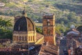 Close-up view to historic Cathedral of the immaculate conception from a higher angle and hinterlands of Barichara, Colombia