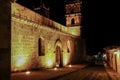 Historic Cathedral of the immaculate conception illuminated at night, view of church nave and tower, Barichara, Colombia