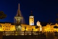 Historic center of Ceske Budejovice at night, Budweis, Budvar, South Bohemia, Czech Republic. Royalty Free Stock Photo