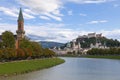 Historic Centre of the City of Salzburg and River Salzach embankment in Salzburg city, Austria.