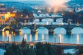 Historic Charles Bridge and Vltava river at night in Prague, Czech Republic Royalty Free Stock Photo