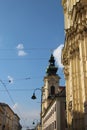 Historic church and building in the main pedestrian street in the old town of Linz, Austria- Royalty Free Stock Photo