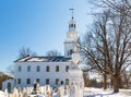 Historic church and cemetery in Vermont winter snow Royalty Free Stock Photo