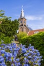 Historic church in Marken village in the Netherlands with flower bloom in spring time