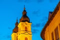 Historic church on at night in Nyiregyhaza, Hungary