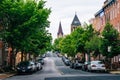 Historic churches and row houses on Lombard Street in Butchers Hill, Baltimore, Maryland