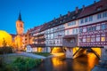 Historic city center of Erfurt with famous KrÃÂ¤merbrÃÂ¼cke bridge illuminated at twilight, ThÃÂ¼ringen, Germany Royalty Free Stock Photo