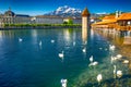 Historic city center of Lucerne with famous Chapel Bridge and Lake Lucerne, Lucerne, Switzerland