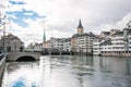 The historic city center of zurich with famous fraumunster church