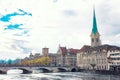 The historic city center of zurich with famous fraumunster and seagulls