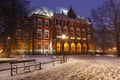 Historic city centre of Krakow by night. Main building of Jagiellonian University, Poland. Royalty Free Stock Photo
