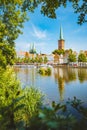 Historic city of Luebeck with Trave river in summer, Schleswig-Holstein, Germany