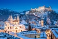 Historic city of Salzburg with Festung Hohensalzburg in winter, Austria
