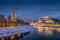 Historic city of Salzburg in winter at dusk, Salzburger Land, Austria Royalty Free Stock Photo