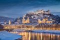 Historic city of Salzburg in winter at dusk, Salzburger Land, Austria Royalty Free Stock Photo