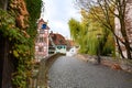Historic city of Ulm, scenic spot on Romantic Street, Baden-Wuerttemberg, Germany. Half-timber houses in historic district of Ulm.