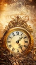 Historic clock, ancient gilded ornate clock on golden background, copy-space, AI generative