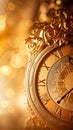 Historic clock, ancient gilded ornate clock on golden background, copy-space, AI generative