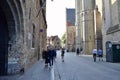 Historic cobbled street in medieval European city Bruges in Belgium Royalty Free Stock Photo