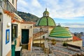 Historic colorful domes of a church in Maiori on the Amalfi coast in Italy