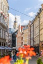 Historic colorful houses in Old Riga with cobblestone Skunu street