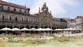 Historic commercial arcade and Lapa Church facing the Republic Square, Braga, Portugal