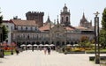 Historic commercial arcade and Lapa Church facing the Republic Square, Braga, Portugal