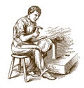 Historical coppersmith sitting on a chair and planishing a kettle, cauldron or pot with a hammer