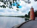 The historic Crisp Point Lighthouse, photographed on a cloudy day, has stood for over a century in the Lak Royalty Free Stock Photo