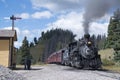 Historic Cumbres Toltec narrow-gauge train steam engine enroute to Antonito, Colorado train station