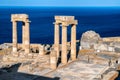 Historic doric pillars in Lindos Acropolis with in Rhodes island in Greece Royalty Free Stock Photo