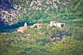 Historic Drivenik fortress and church on the hill in Vinodol valley aerial view Royalty Free Stock Photo