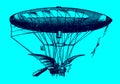 Historic flying airship with stearing device and two wings in front of a blue background