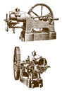 Historical gas engine in side and frontal view