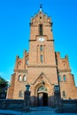 Historic, Gothic red brick church with belfry  in the city of Skwierzyna Royalty Free Stock Photo